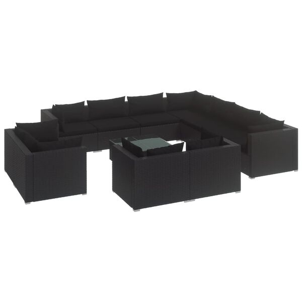 vidaXL 12 Piece Garden Lounge Set with Cushions Black Poly Rattan