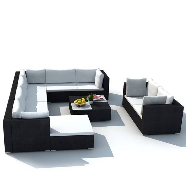 vidaXL 10 Piece Garden Lounge Set with Cushions Poly Rattan Black