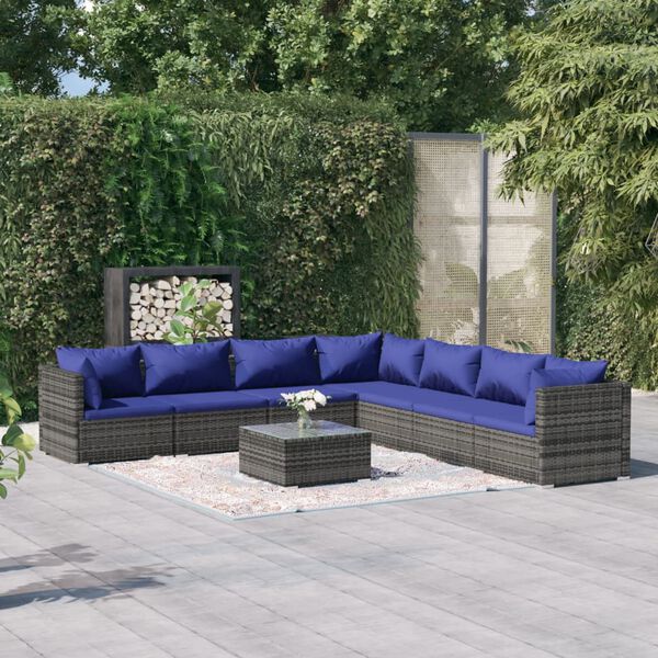 vidaXL 8 Piece Garden Lounge Set with Cushions Poly Rattan Grey