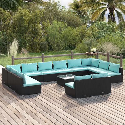 vidaXL 13 Piece Garden Lounge Set with Cushions Black Poly Rattan