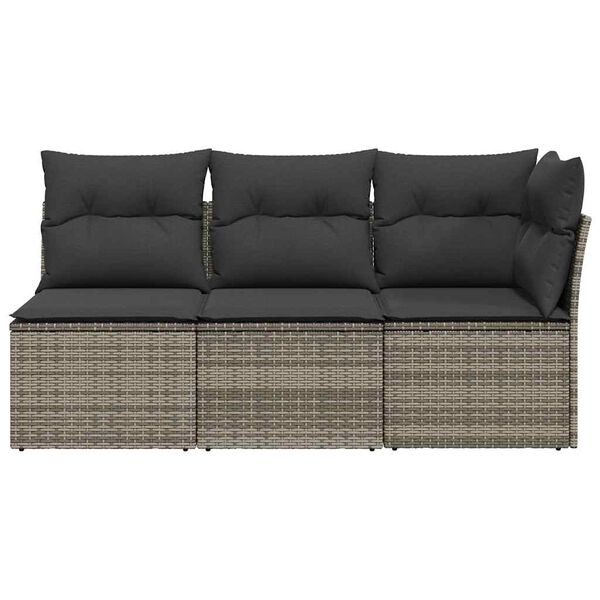 vidaXL Garden Sofa with Cushions 3-Seater Grey Poly Rattan