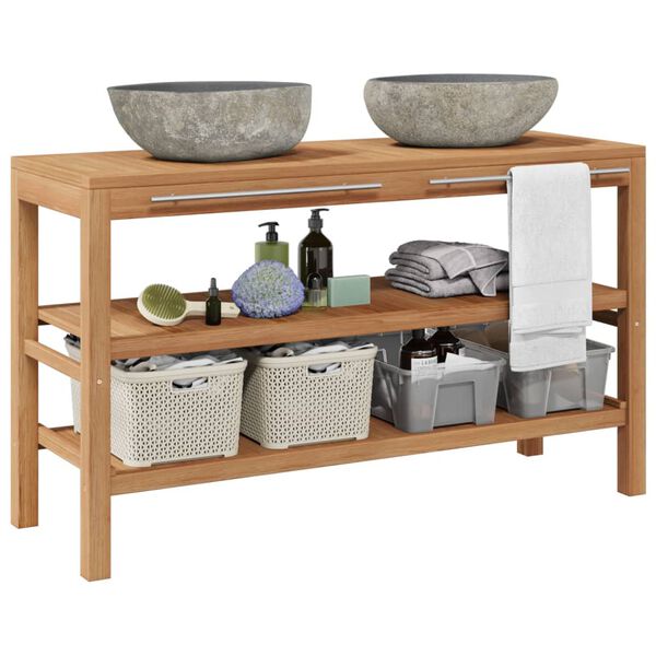 vidaXL Bathroom Vanity Cabinet Solid Teak with Riverstone Sinks