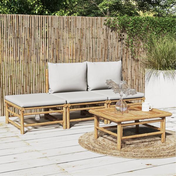 vidaXL 4 Piece Garden Lounge Set with Light Grey Cushions Bamboo