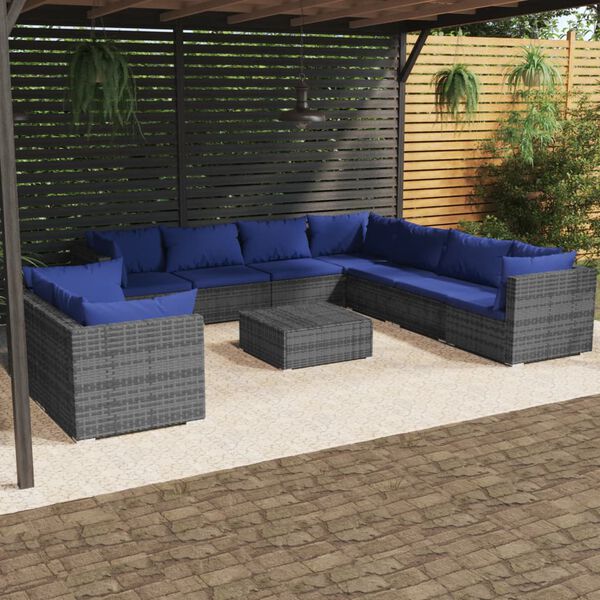 vidaXL 10 Piece Garden Lounge Set with Cushions Grey Poly Rattan