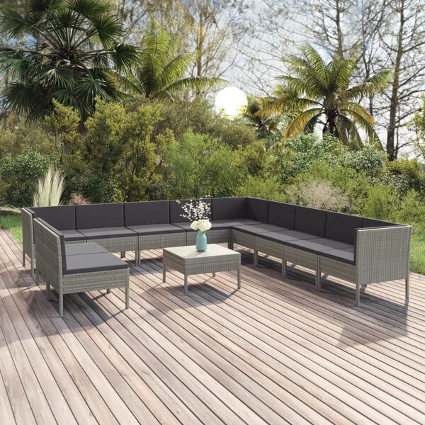 vidaXL 12 Piece Garden Lounge Set with Cushions Poly Rattan Grey
