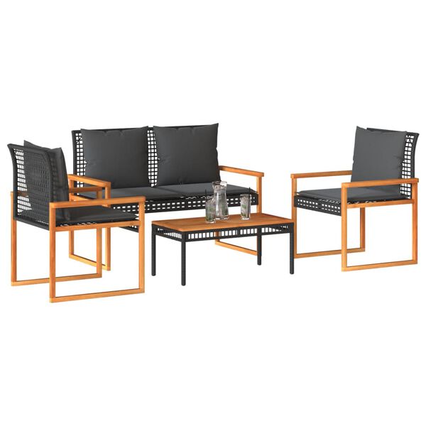 vidaXL 4 Piece Garden Lounge Set with Cushions Black Poly Rattan