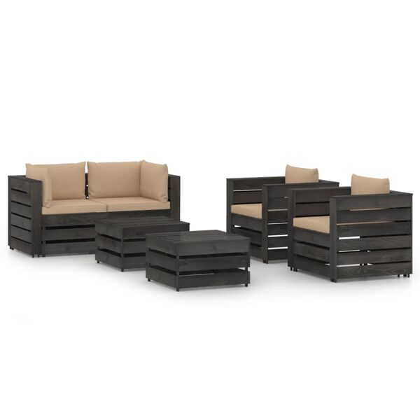 vidaXL 6 Piece Garden Lounge Set with Cushions Grey Impregnated Wood