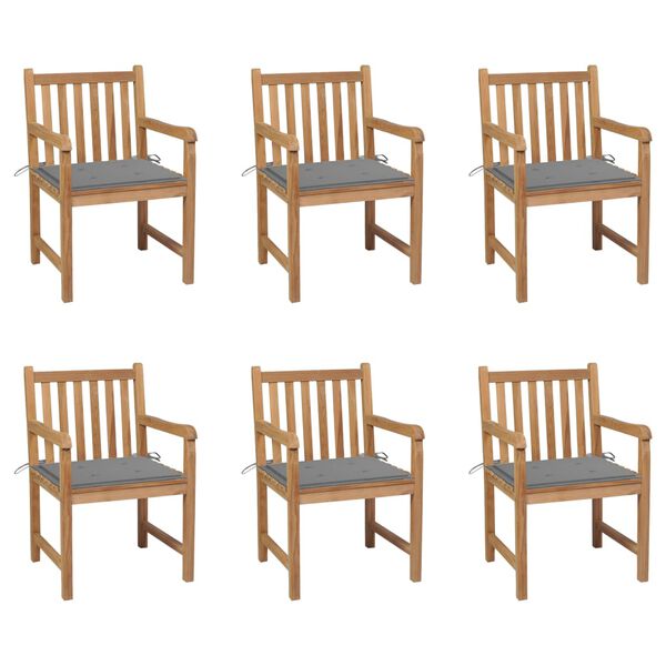 vidaXL Garden Chairs 6 pcs with Grey Cushions Solid Teak Wood