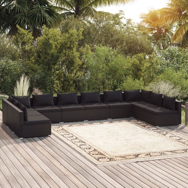vidaXL 10 Piece Garden Lounge Set with Cushions Poly Rattan Black