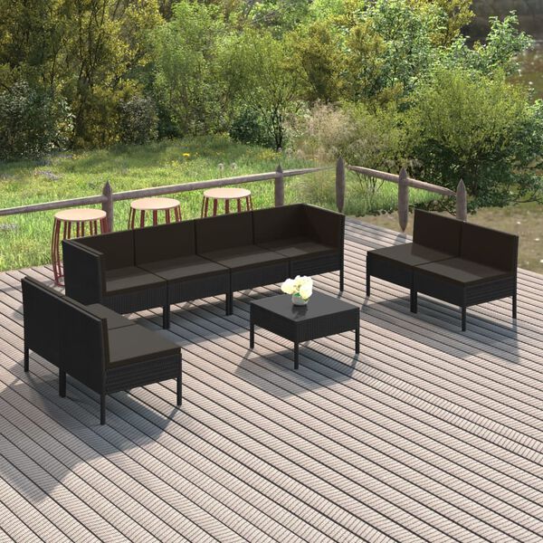 vidaXL 9 Piece Garden Lounge Set with Cushions Poly Rattan Black