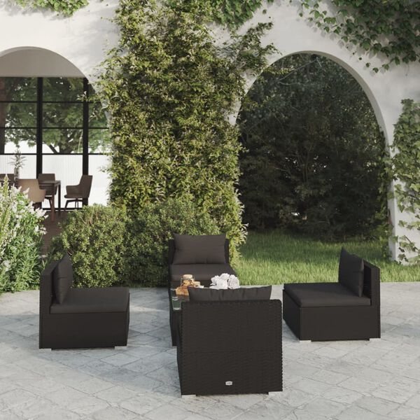 vidaXL 5 Piece Garden Lounge Set with Cushions Poly Rattan Black