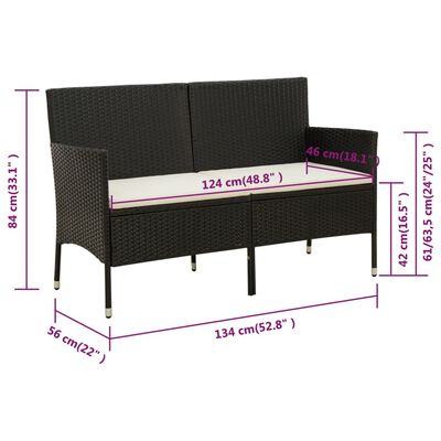 vidaXL 3-Seater Garden Sofa with Cushion Black Poly Rattan