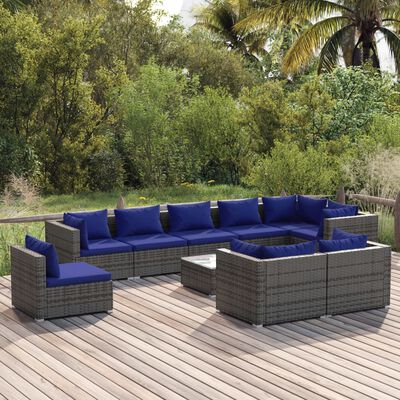 vidaXL 10 Piece Garden Lounge Set with Cushions Poly Rattan Grey