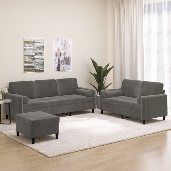 vidaXL 3 Piece Sofa Set with Throw Pillows&Cushions Dark Grey Velvet