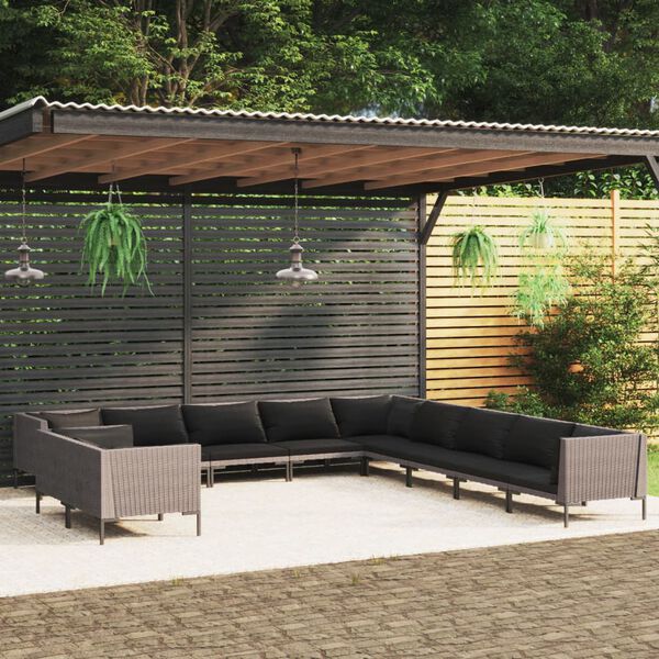 vidaXL 11 Piece Garden Lounge Set with Cushions Poly Rattan Dark Grey