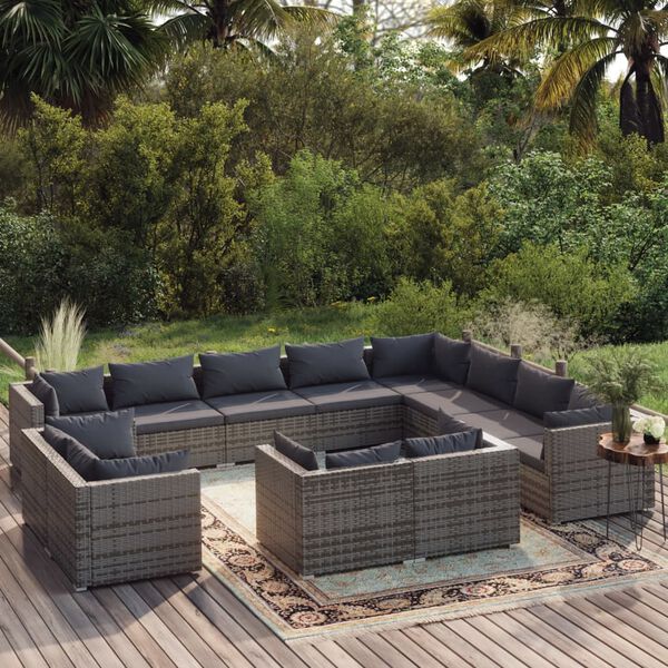 vidaXL 12 Piece Garden Lounge Set with Cushions Grey Poly Rattan