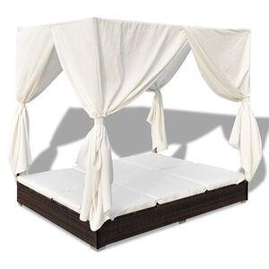 vidaXL Outdoor Lounge Bed with Curtains Poly Rattan Brown