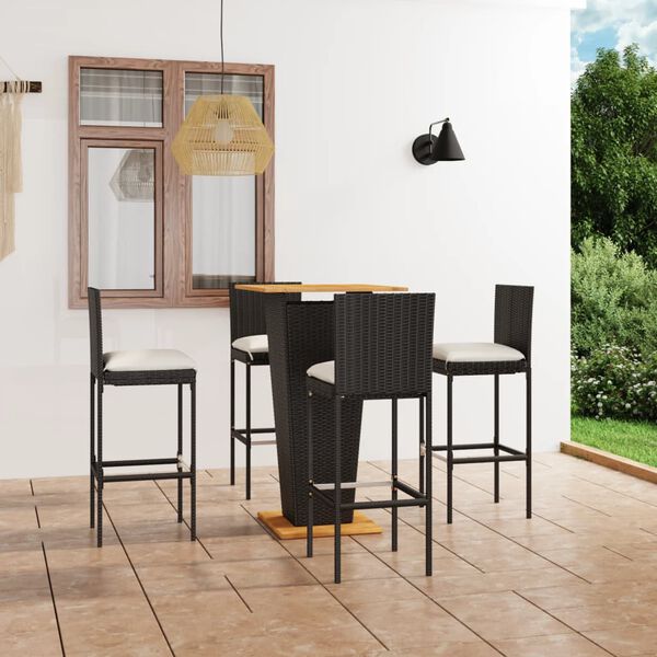vidaXL 5 Piece Garden Bar Set with Cushions Poly Rattan Black
