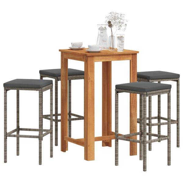 vidaXL 5 Piece Garden Bar Set Grey Solid Wood Acacia and Poly Rattan