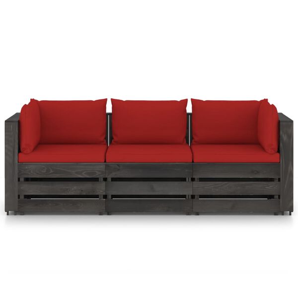 vidaXL 3-Seater Garden Sofa with Cushions Grey Impregnated Wood