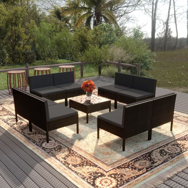 vidaXL 9 Piece Garden Lounge Set with Cushions Poly Rattan Black