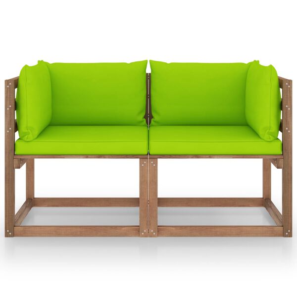 vidaXL Garden 2-Seater Pallet Sofa with Bright Green Cushions Pinewood
