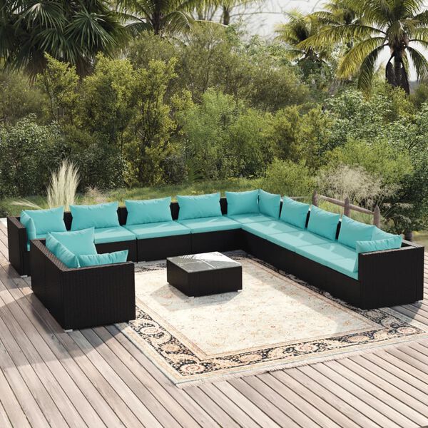 vidaXL 12 Piece Garden Lounge Set with Cushions Black Poly Rattan