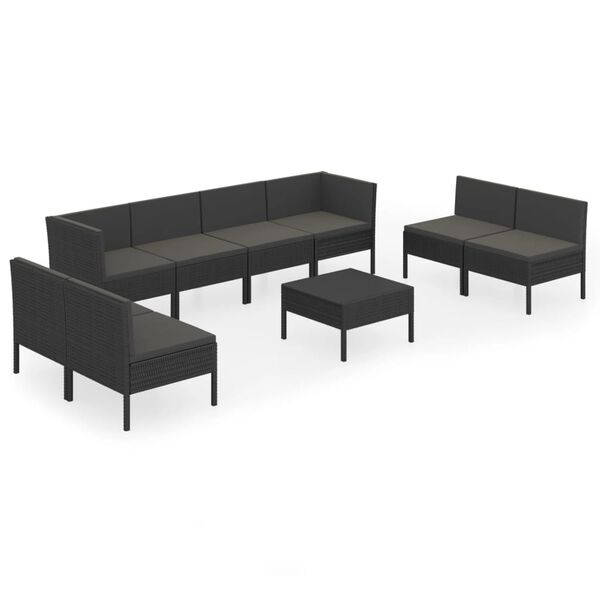 vidaXL 9 Piece Garden Lounge Set with Cushions Poly Rattan Black