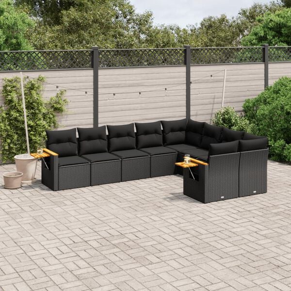 vidaXL 9 Piece Garden Sofa Set with Cushions Black Poly Rattan