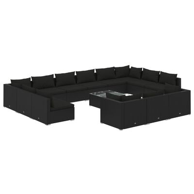 vidaXL 14 Piece Garden Lounge Set with Cushions Black Poly Rattan