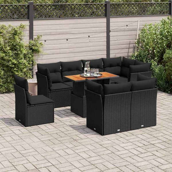 vidaXL 9 Piece Garden Sofa Set with Cushions Black Poly Rattan