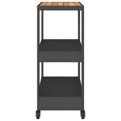 vidaXL Bar Cart 3-Tier Black Poly Rattan and Solid Wood Acacia