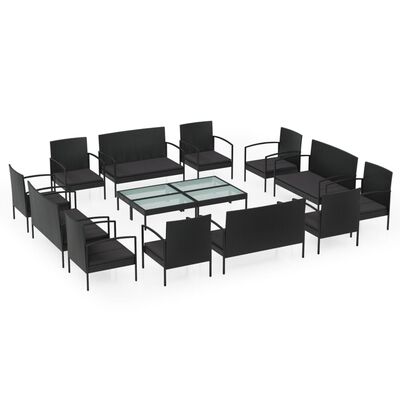 vidaXL 16 Piece Garden Lounge Set with Cushions Poly Rattan Black