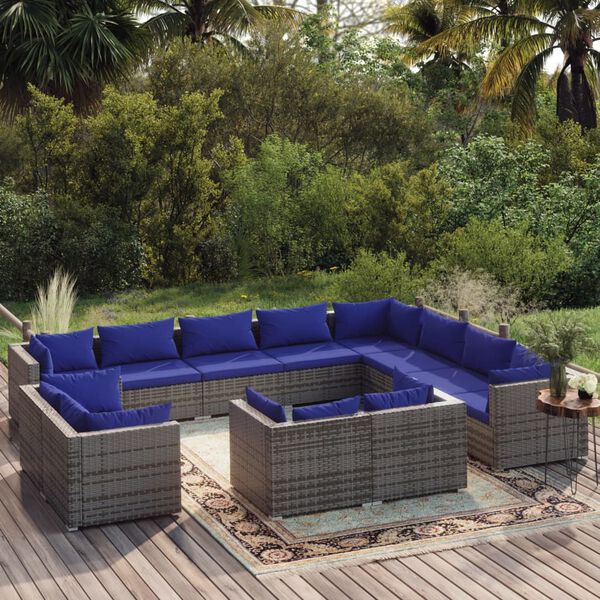 vidaXL 12 Piece Garden Lounge Set with Cushions Grey Poly Rattan