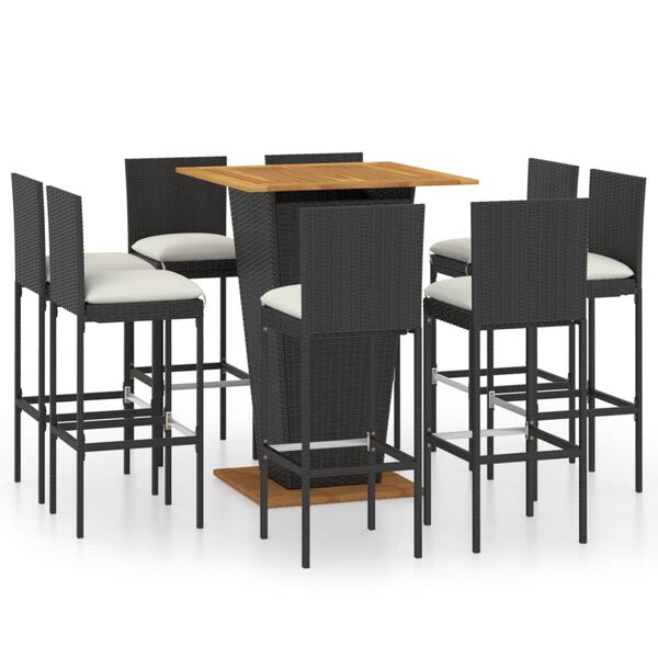 vidaXL 9 Piece Garden Bar Set with Cushions Poly Rattan Black