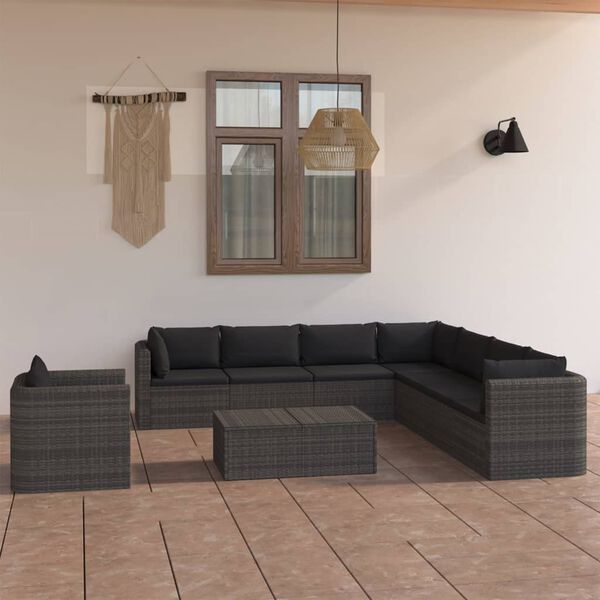 vidaXL 9 Piece Garden Lounge Set with Cushions Poly Rattan Grey