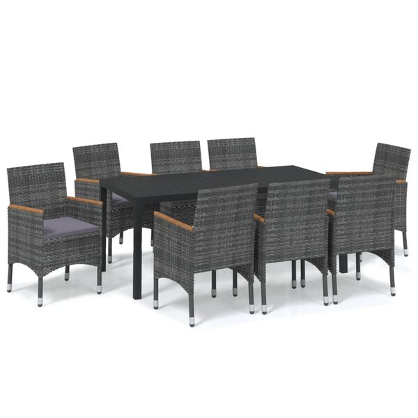 vidaXL 9 Piece Garden Dining Set with Cushions Poly Rattan Grey