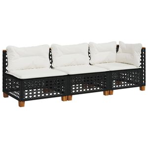 vidaXL Garden Sofa with Cushions 3-Seater Black Poly Rattan