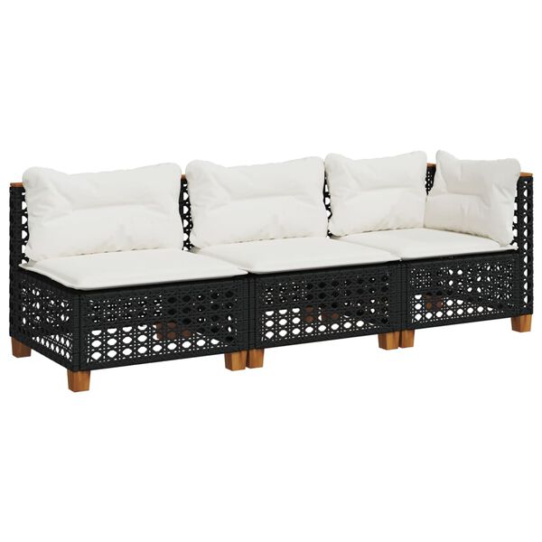 vidaXL Garden Sofa with Cushions 3-Seater Black Poly Rattan