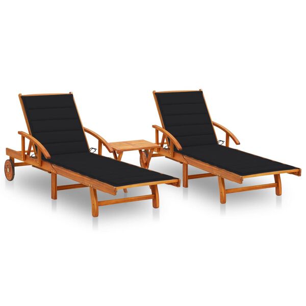 vidaXL Sun Loungers 2 pcs with Table and Cushions Solid Wood Acacia