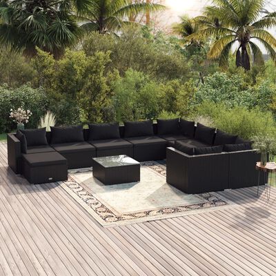 vidaXL 11 Piece Garden Lounge Set with Cushions Poly Rattan Black