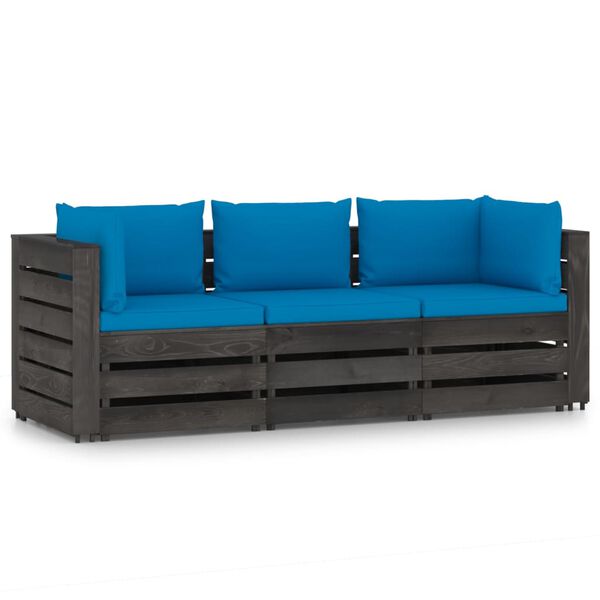 vidaXL 3-Seater Garden Sofa with Cushions Grey Impregnated Wood
