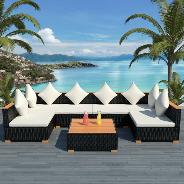 vidaXL 7 Piece Garden Lounge Set with Cushions Poly Rattan Black