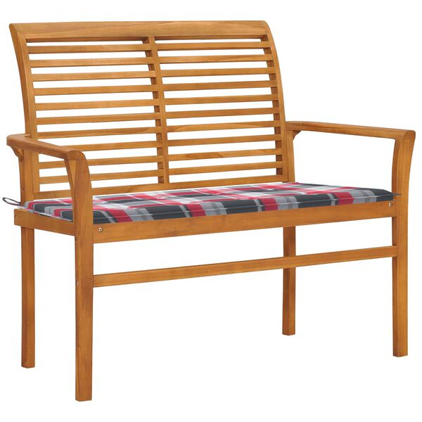 vidaXL Garden Bench Red Check Pattern Cushion 112 cm Solid Teak Wood