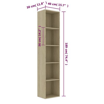 vidaXL Book Cabinet Sonoma Oak 40x30x189 cm Engineered Wood