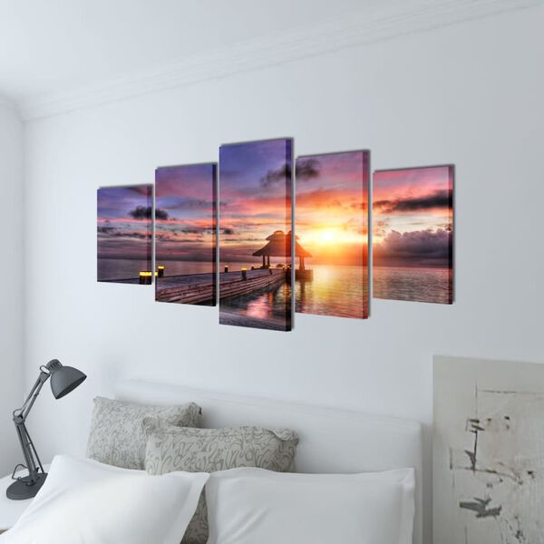 Canvas Wall Print Set Beach with Pavilion 100 x 50 cm
