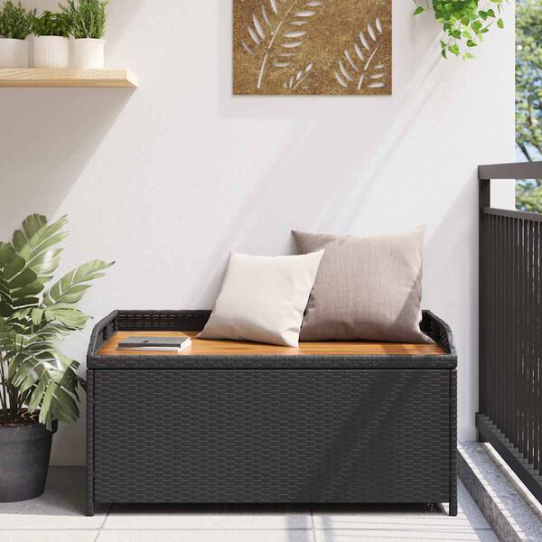vidaXL Storage Bench Black 100x50x52 cm Poly Rattan and Acacia Wood