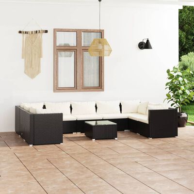 vidaXL 10 Piece Garden Lounge Set with Cushions Poly Rattan Black