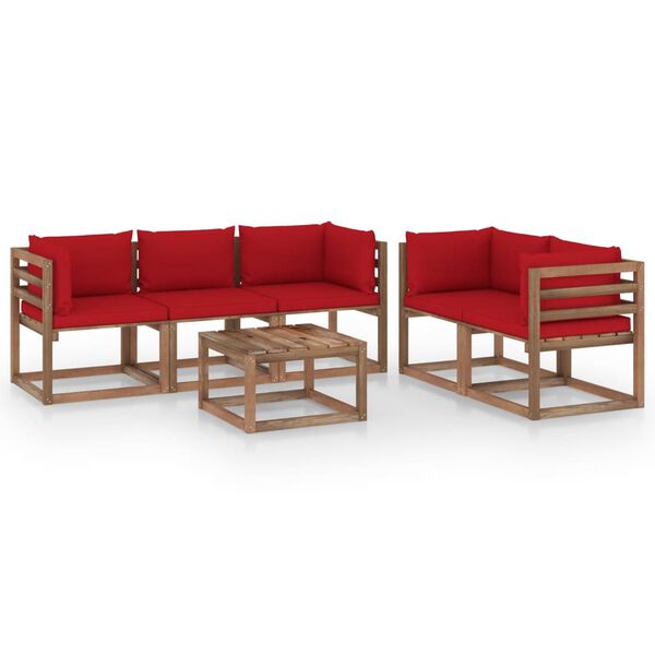 vidaXL 6 Piece Garden Lounge Set with Red Cushions