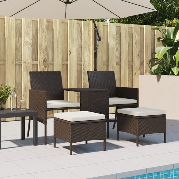 vidaXL 2-Seater Garden Sofa with Tea Table & Stools Poly Rattan Brown